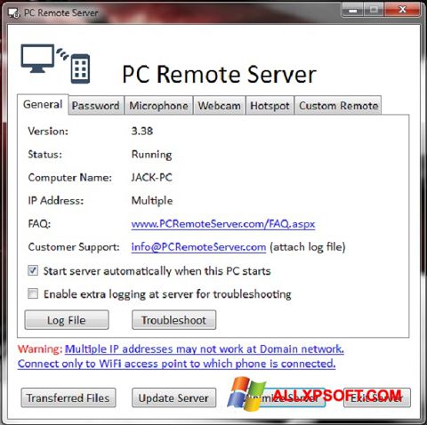 Screenshot PC Remote Server für Windows XP