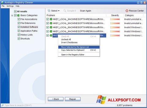 Screenshot Auslogics Registry Cleaner für Windows XP