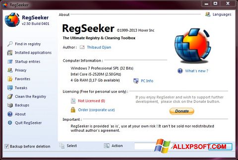 Screenshot RegSeeker für Windows XP