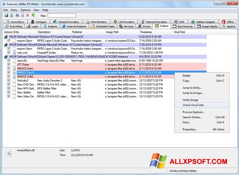 Screenshot AutoRuns für Windows XP